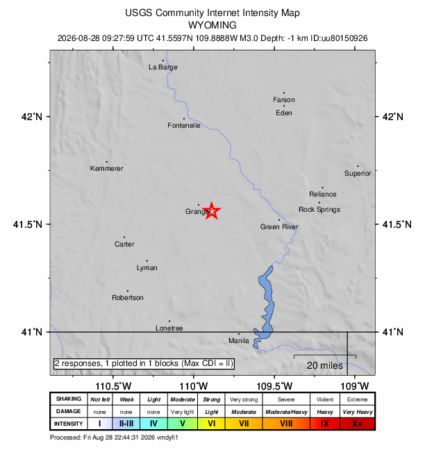 USGS DYFI community-reported intensity map for the M3.0 earthquake near 3 km NW of Little America, Wyoming