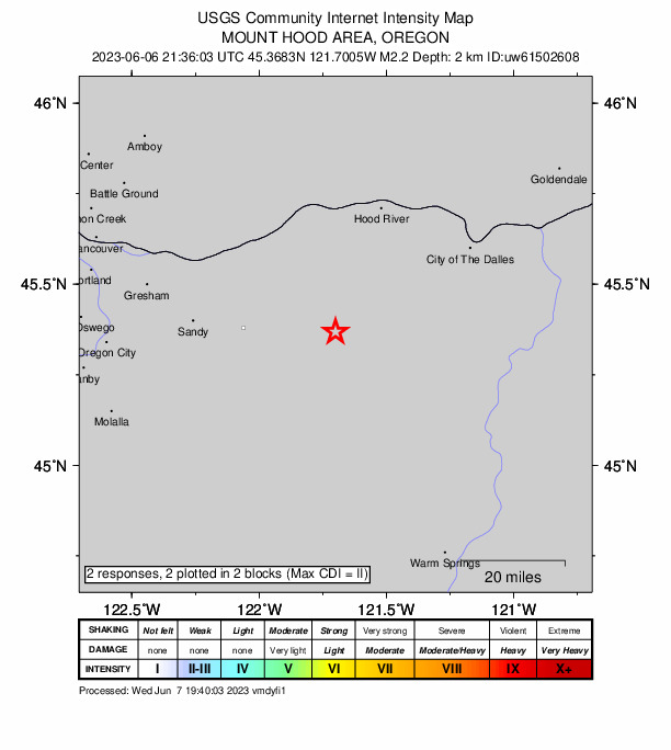 USGS DYFI community-reported intensity map for the M2.2 earthquake near 8 km NNE of Government Camp, Oregon