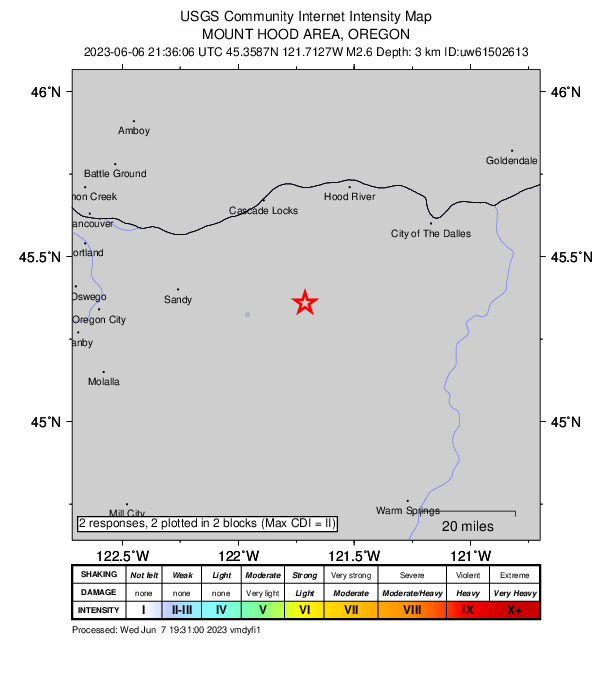 USGS DYFI community-reported intensity map for the M2.6 earthquake near Washington-Oregon border region