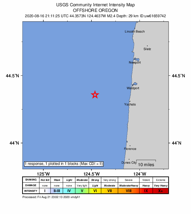 USGS DYFI community-reported intensity map for the M2.4 earthquake near 29 km W of Yachats, Oregon