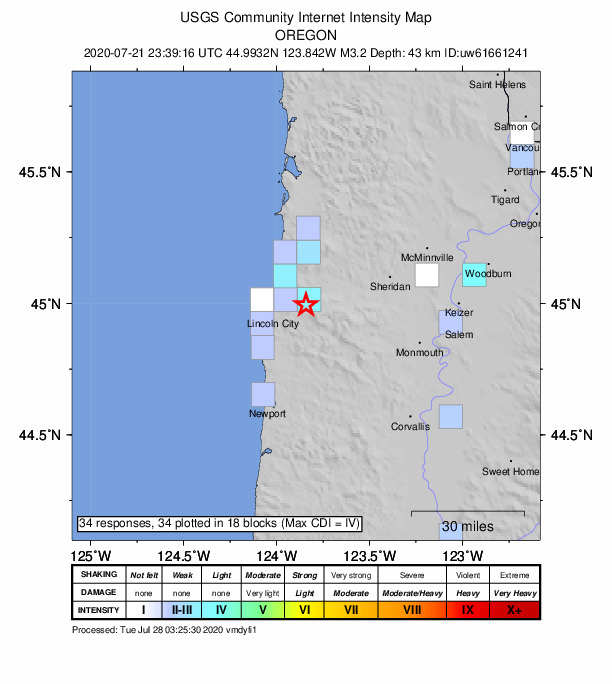 USGS DYFI community-reported intensity map for the M3.2 earthquake near 3 km ESE of Rose Lodge, Oregon