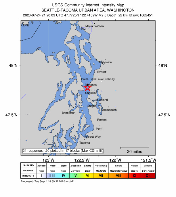 USGS DYFI community-reported intensity map for the M2.5 earthquake near 3 km SW of Woodway, Washington