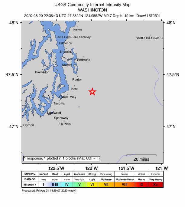 USGS DYFI community-reported intensity map for the M2.7 earthquake near 2 km S of Ravensdale, Washington