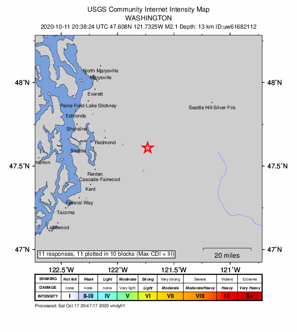 USGS DYFI community-reported intensity map for the M2.1 earthquake near Washington