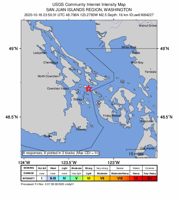 USGS DYFI community-reported intensity map for the M2.5 earthquake near 11 km ENE of North Saanich, Canada
