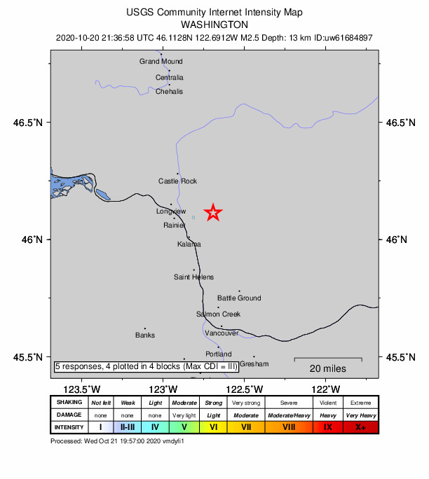USGS DYFI community-reported intensity map for the M2.5 earthquake near 16 km NE of Kalama, Washington