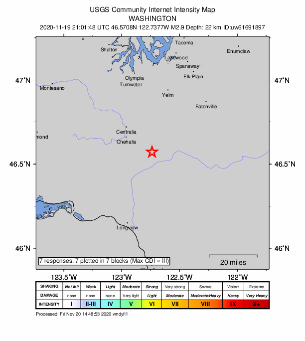USGS DYFI community-reported intensity map for the M2.9 earthquake near 1 km WSW of Onalaska, Washington