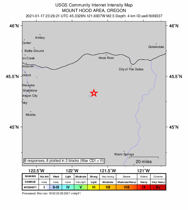 USGS DYFI community-reported intensity map for the M2.5 earthquake near 5 km ENE of Government Camp, Oregon
