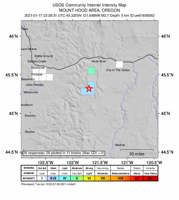 USGS DYFI community-reported intensity map for the M2.7 earthquake near 4 km ENE of Government Camp, Oregon