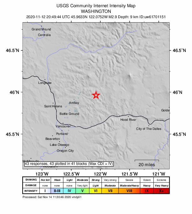 USGS DYFI community-reported intensity map for the M2.9 earthquake near Washington-Oregon border region