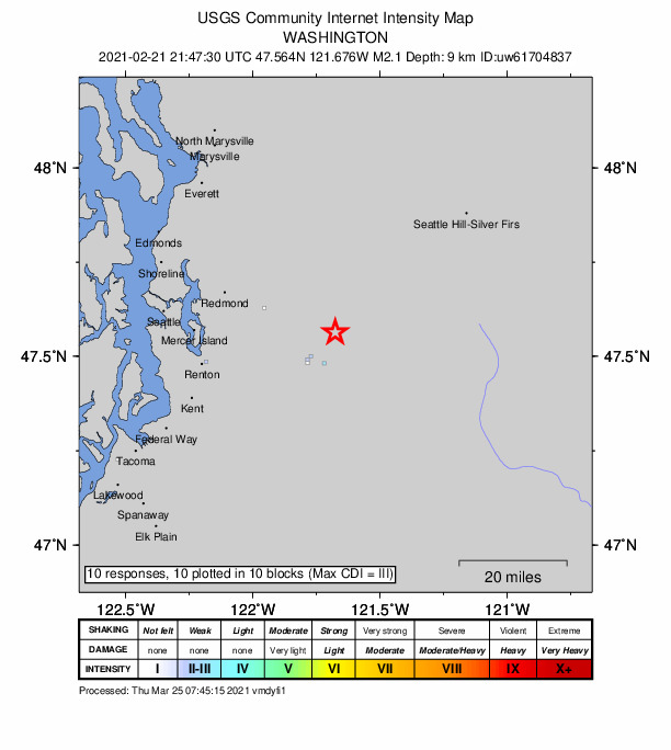 USGS DYFI community-reported intensity map for the M2.1 earthquake near 11 km NNE of Tanner, Washington