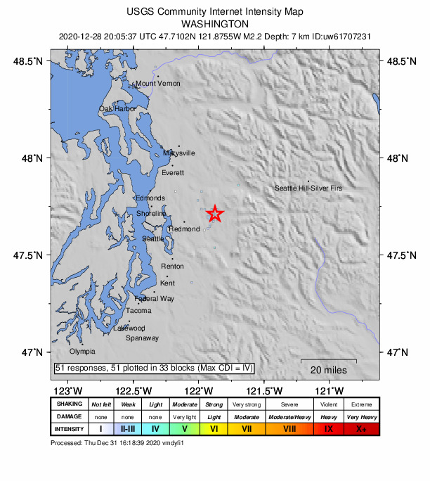 USGS DYFI community-reported intensity map for the M2.2 earthquake near 3 km ENE of Lake Marcel-Stillwater, Washington