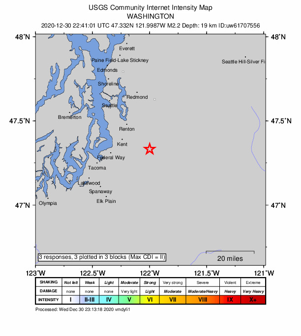 USGS DYFI community-reported intensity map for the M2.3 earthquake near 2 km SSW of Ravensdale, Washington
