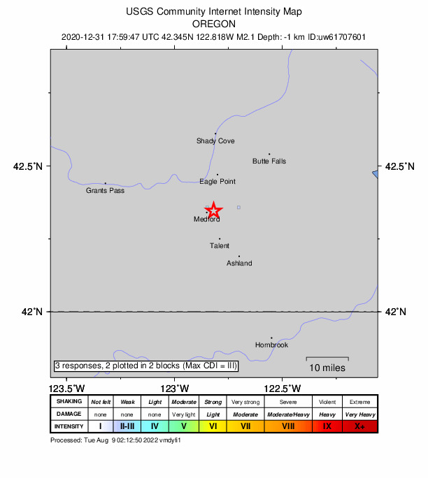 USGS DYFI community-reported intensity map for the M2.1 earthquake near 5 km ENE of Medford, Oregon