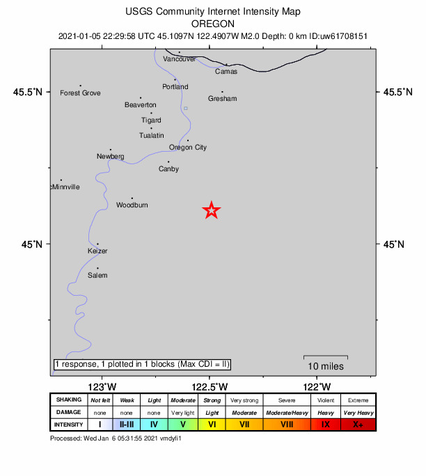 USGS DYFI community-reported intensity map for the M2.0 earthquake near 7 km ESE of Molalla, Oregon