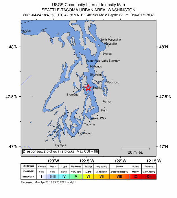 USGS DYFI community-reported intensity map for the M2.2 earthquake near 5 km SE of Bainbridge Island, Washington