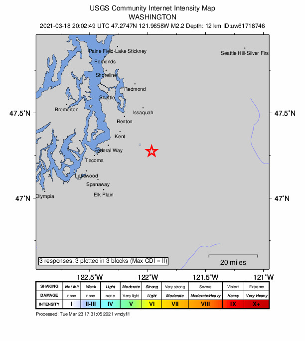 USGS DYFI community-reported intensity map for the M2.3 earthquake near 4 km SE of Black Diamond, Washington