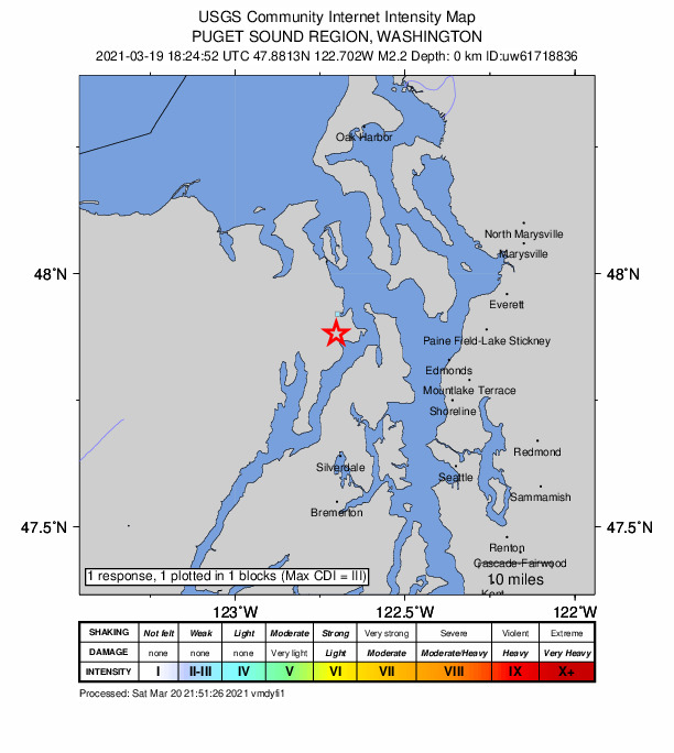 USGS DYFI community-reported intensity map for the M2.2 earthquake near 5 km SSW of Port Ludlow, Washington