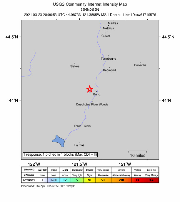 USGS DYFI community-reported intensity map for the M2.1 earthquake near 5 km NNW of Tetherow, Oregon