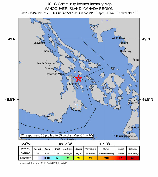 USGS DYFI community-reported intensity map for the M2.8 earthquake near 6 km E of North Saanich, Canada