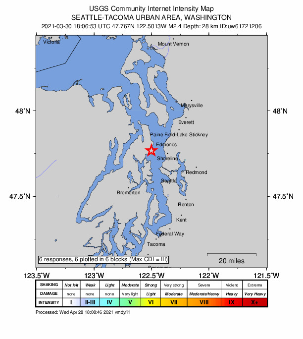 USGS DYFI community-reported intensity map for the M2.4 earthquake near 2 km NE of Indianola, Washington