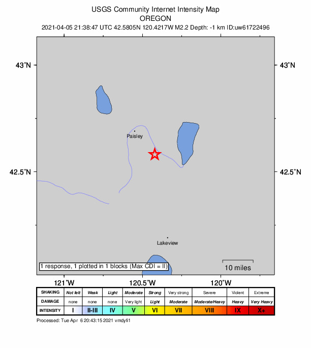 USGS DYFI community-reported intensity map for the M2.2 earthquake near 16 km SE of Paisley, Oregon
