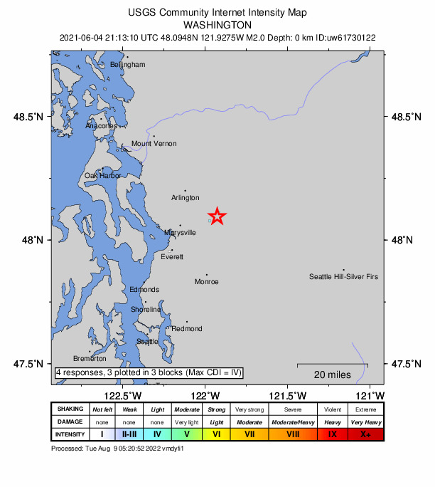 USGS DYFI community-reported intensity map for the M2.0 earthquake near 3 km ENE of Granite Falls, Washington