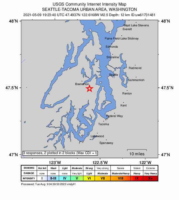 USGS DYFI community-reported intensity map for the M2.5 earthquake near 1 km E of Bethel, Washington