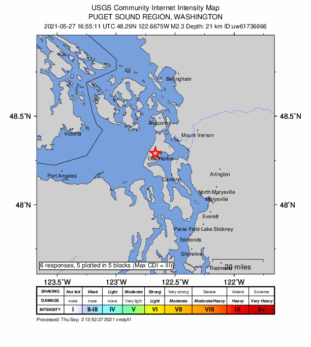 USGS DYFI community-reported intensity map for the M2.3 earthquake near 1 km W of Oak Harbor, Washington
