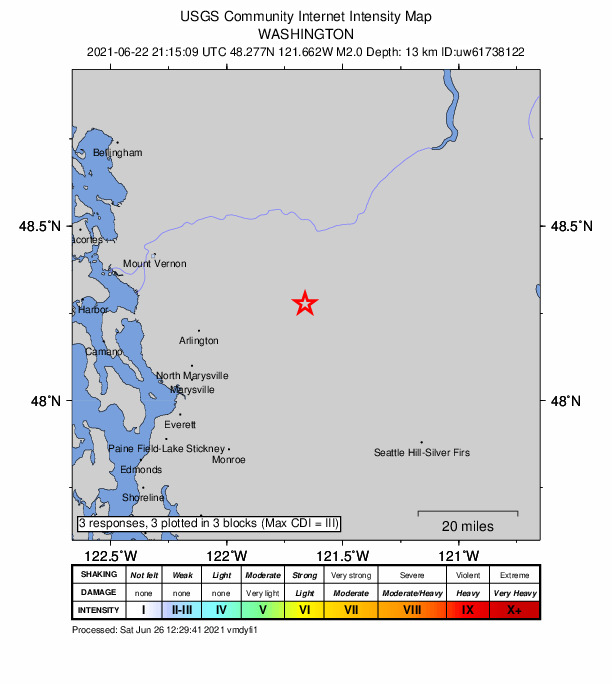 USGS DYFI community-reported intensity map for the M2.0 earthquake near 4 km ESE of Swede Heaven, Washington