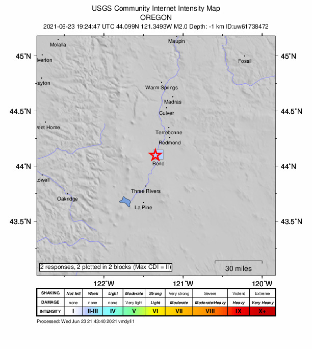 USGS DYFI community-reported intensity map for the M2.0 earthquake near 5 km NNW of Bend, Oregon