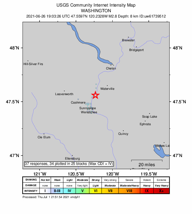 USGS DYFI community-reported intensity map for the M2.8 earthquake near 12 km NE of Sunnyslope, Washington