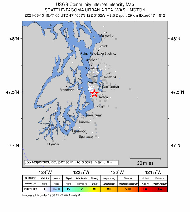 USGS DYFI community-reported intensity map for the M2.8 earthquake near 0 km S of Boulevard Park, Washington