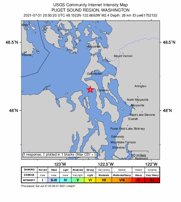 USGS DYFI community-reported intensity map for the M2.3 earthquake near 7 km SSE of Coupeville, Washington