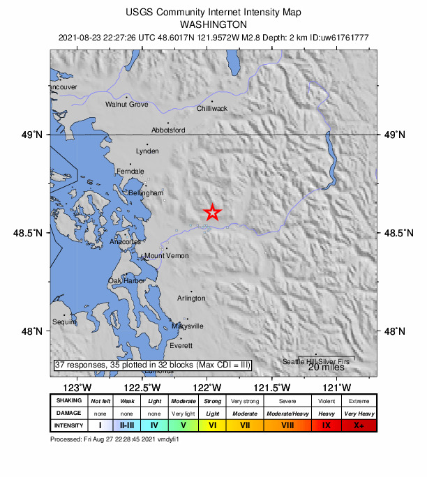 USGS DYFI community-reported intensity map for the M2.8 earthquake near 9 km NNE of Hamilton, Washington