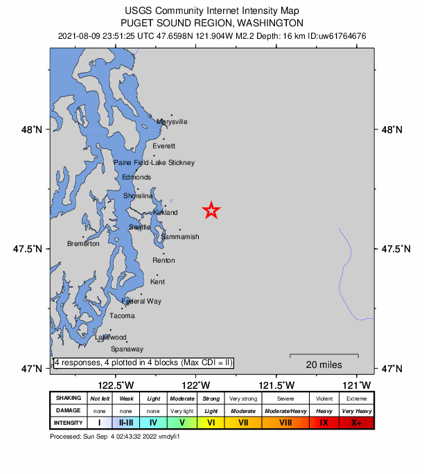 USGS DYFI community-reported intensity map for the M2.2 earthquake near 1 km NNE of Carnation, Washington