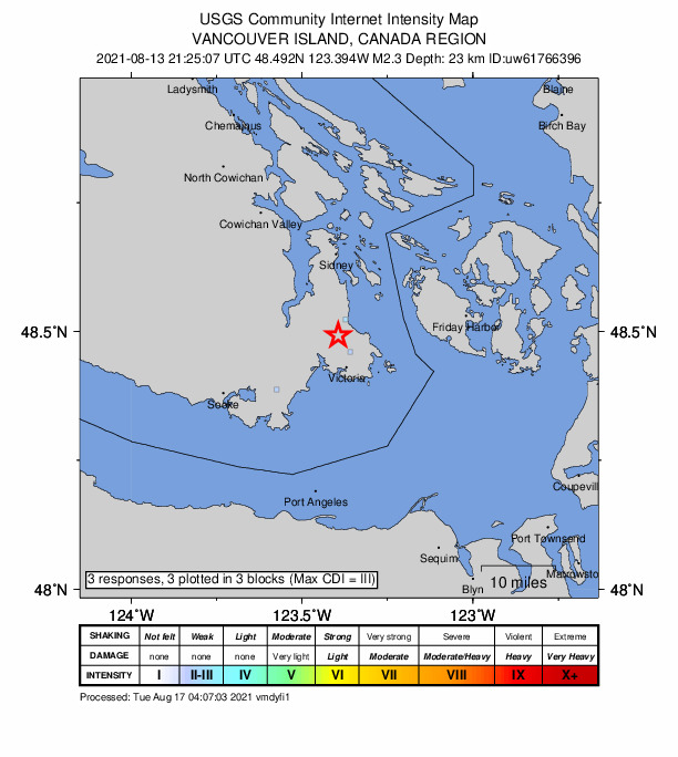 USGS DYFI community-reported intensity map for the M2.1 earthquake near 5 km NE of Six Mile, Canada