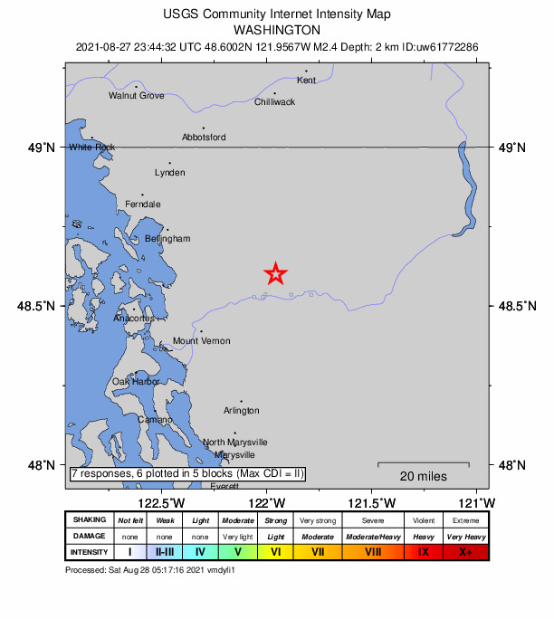 USGS DYFI community-reported intensity map for the M2.4 earthquake near 9 km NNE of Hamilton, Washington