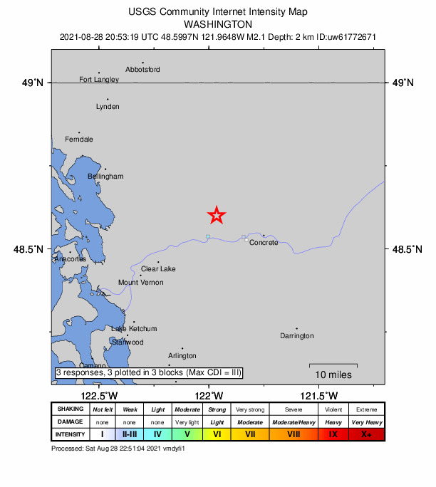 USGS DYFI community-reported intensity map for the M2.1 earthquake near 8 km NNE of Hamilton, Washington