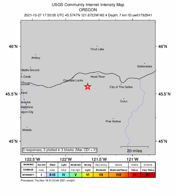 USGS DYFI community-reported intensity map for the M2.4 earthquake near 8 km NW of Parkdale, Oregon