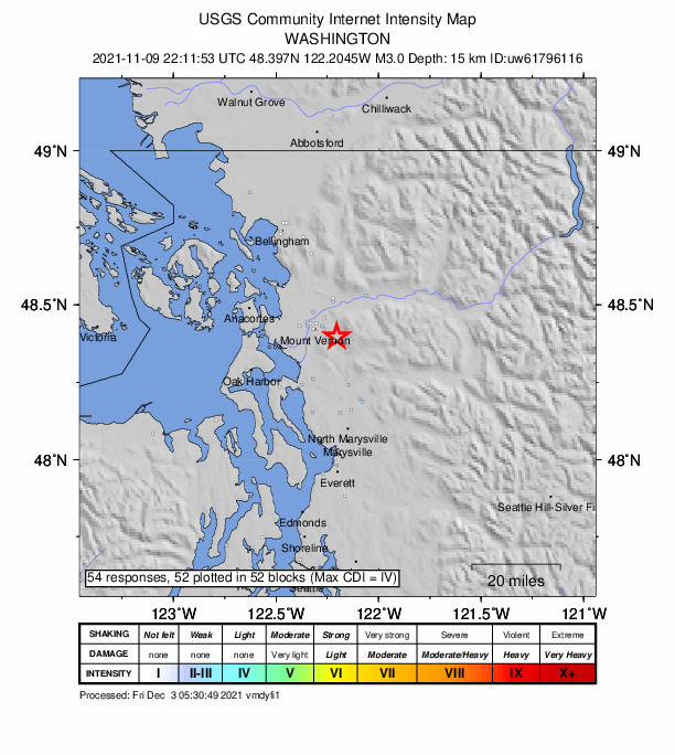 USGS DYFI community-reported intensity map for the M3.0 earthquake near 2 km ESE of Big Lake, Washington
