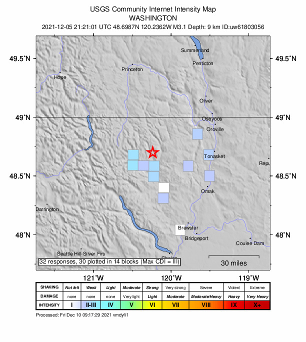USGS DYFI community-reported intensity map for the M3.1 earthquake near 24 km N of Winthrop, Washington
