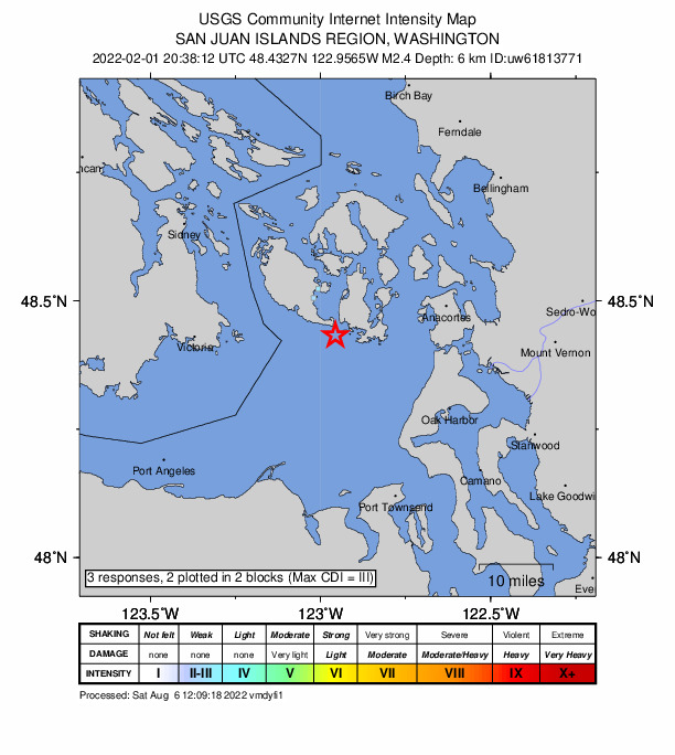 USGS DYFI community-reported intensity map for the M2.4 earthquake near 12 km SSE of Friday Harbor, Washington