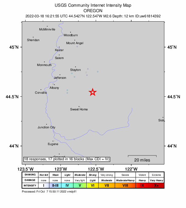USGS DYFI community-reported intensity map for the M2.6 earthquake near 16 km ESE of Lacomb, Oregon