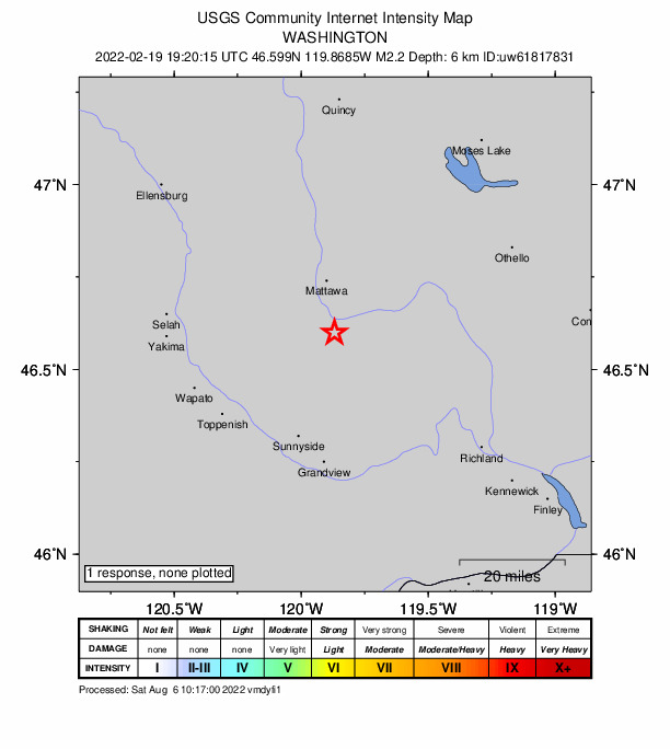 USGS DYFI community-reported intensity map for the M2.2 earthquake near 9 km SSE of Desert Aire, Washington