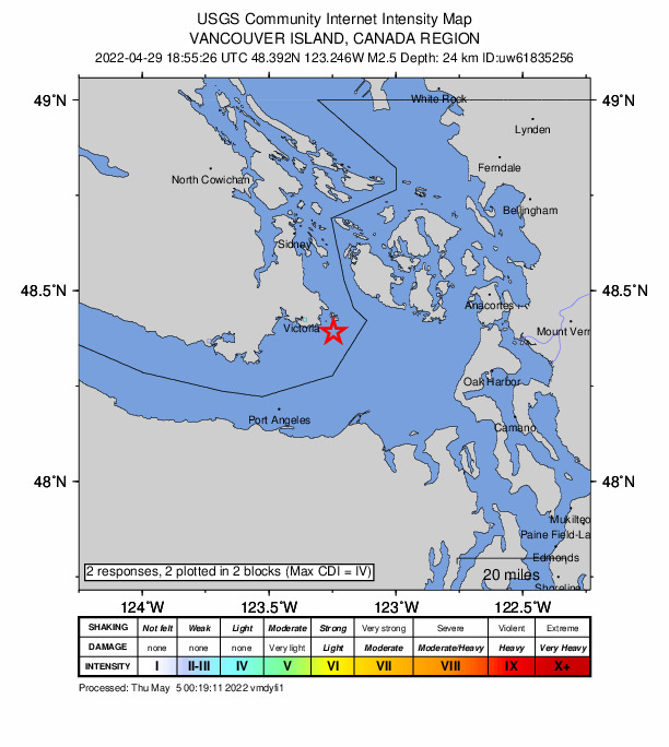 USGS DYFI community-reported intensity map for the M2.5 earthquake near 7 km SSE of Oak Bay, Canada