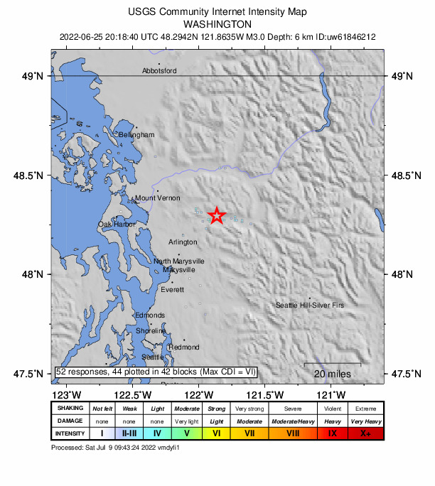 USGS DYFI community-reported intensity map for the M3.0 earthquake near 5 km ENE of Oso, Washington