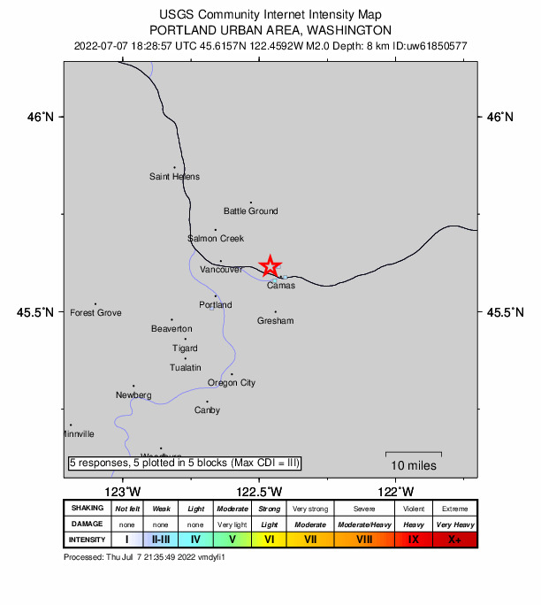 USGS DYFI community-reported intensity map for the M2.0 earthquake near 4 km SE of Mill Plain, Washington