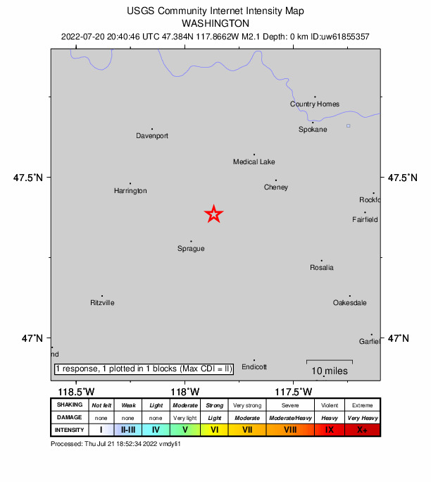 USGS DYFI community-reported intensity map for the M2.1 earthquake near 12 km NE of Sprague, Washington