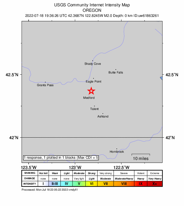 USGS DYFI community-reported intensity map for the M2.0 earthquake near 6 km NE of Medford, Oregon